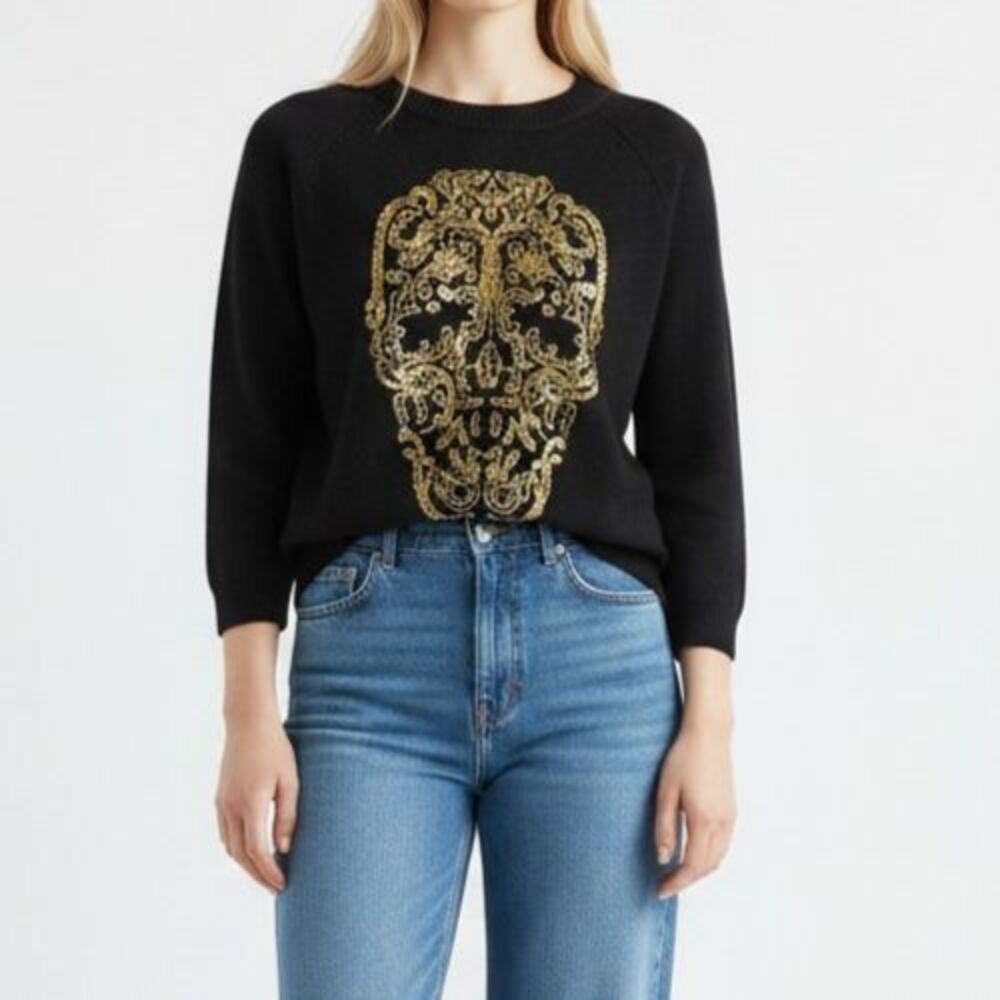 Autumn Cashmere Sugar Skull  Beaded Sweater Large Bronze Sequin Black Women